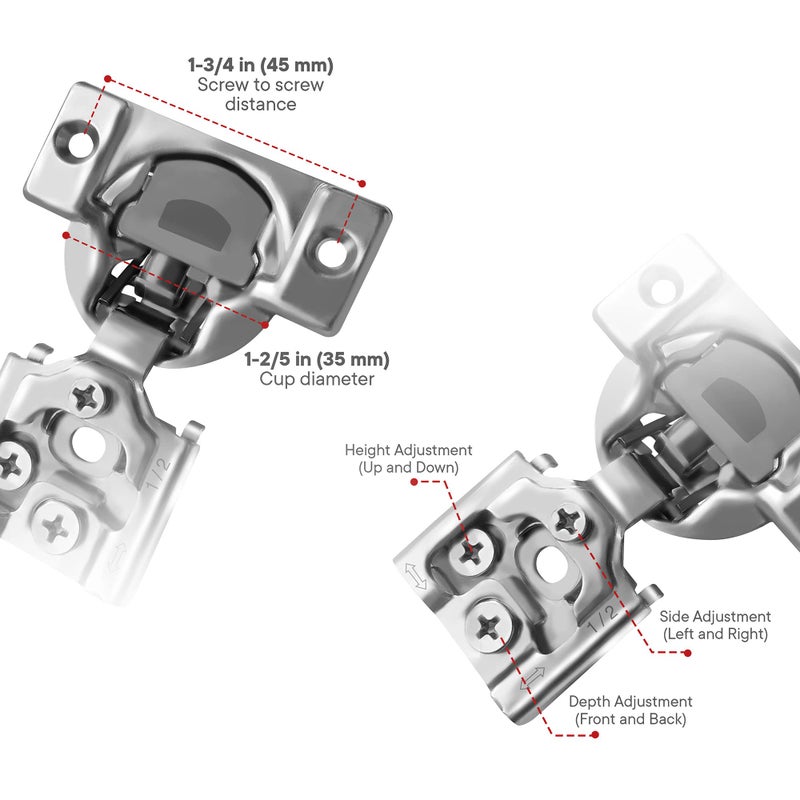 Berta 2-Pack, 1/2 inch Overlay Soft Closing Face Frame Cabinet Hinges, 105 Degree 6-Ways 3-Cam Adjustment Concealed Kitchen Cabinet Door Hinges with Screws (1/2 in. Overlay, 2 Pieces) - Image 2